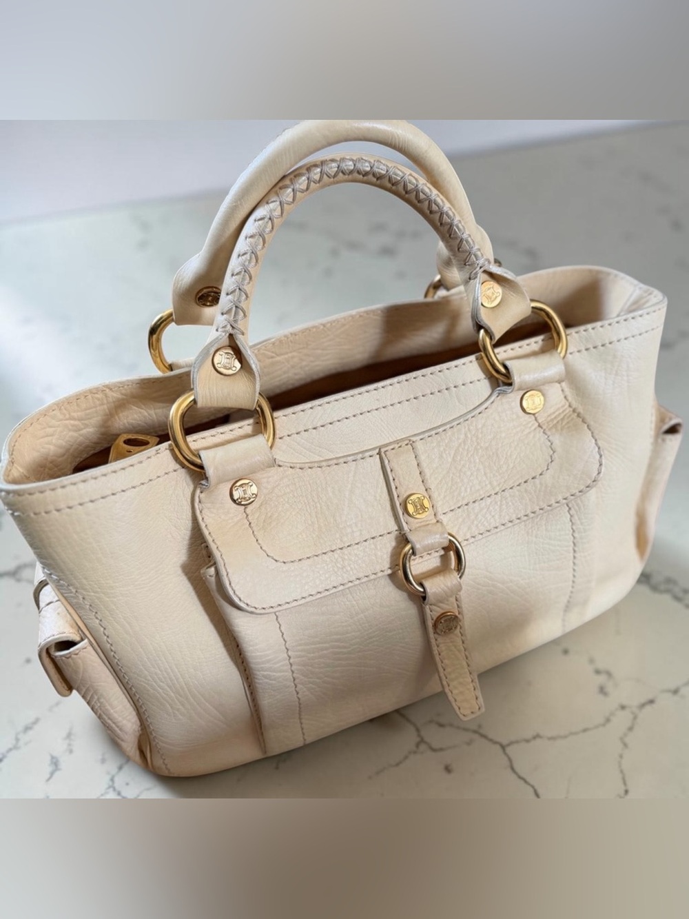 Celine Cream Leather Satchel with Gold Hardware